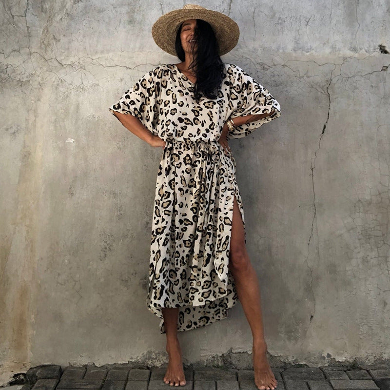 Leopard Print Long Cardigan Loose Beach Sun Protection Coat Beach Cover Up Swimsuit Outwear Women Bella Mia